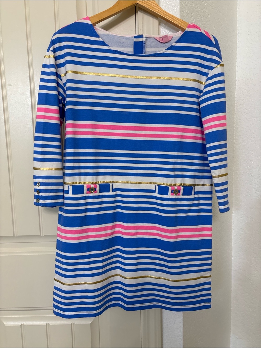 Lilly Pulitzer Lena Shift Dress Small Lapis Blue Tiki Stripe Gold Starfish Zip